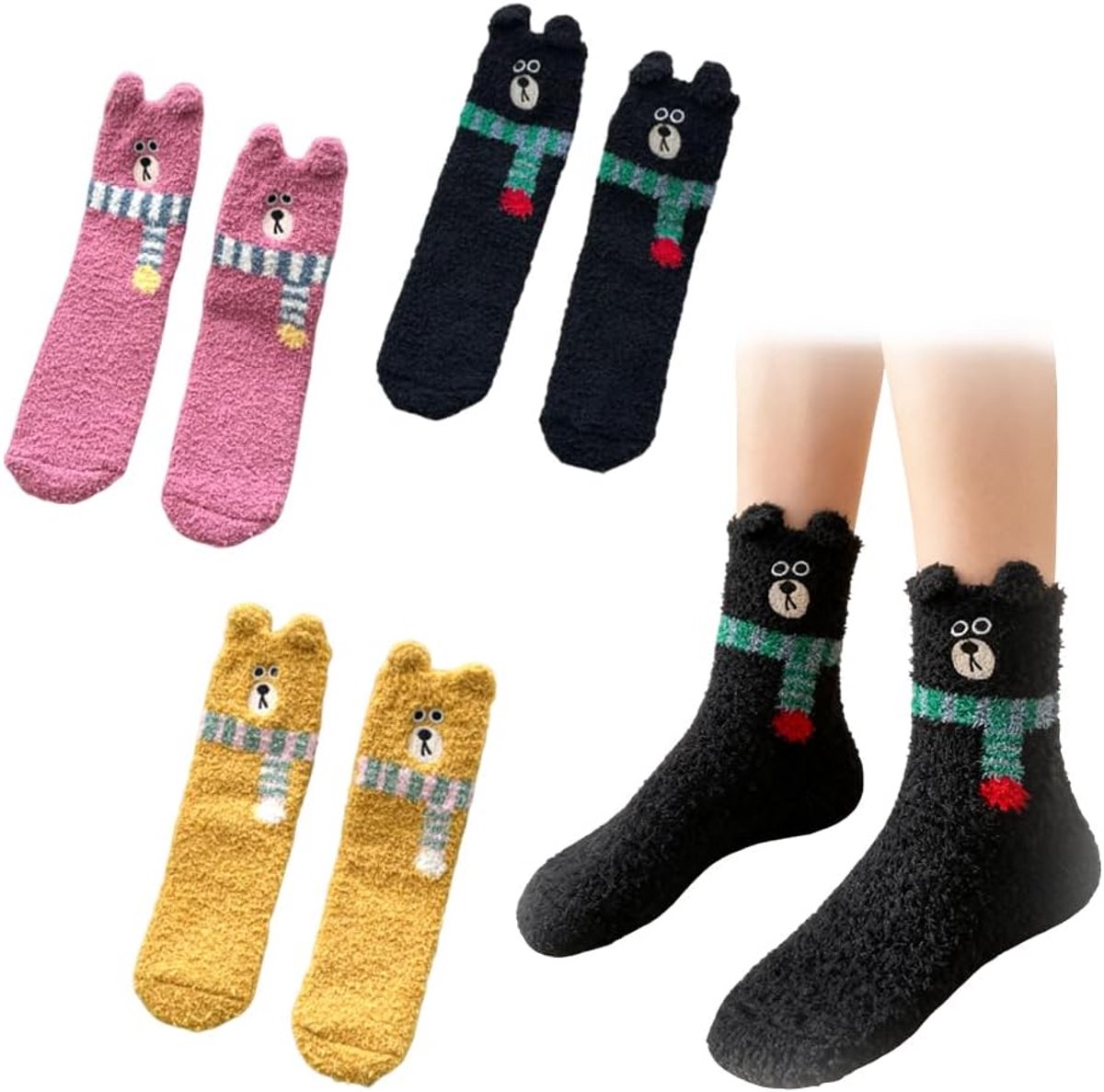 3 paar donzige sokken voor dieren - warme en comfortabele schattige pluizige sokken met sjaalbeer-ontwerp, herfst/winter koraalfleece pluche sokken voor dames, kerst- en damescadeau (zwart+geel