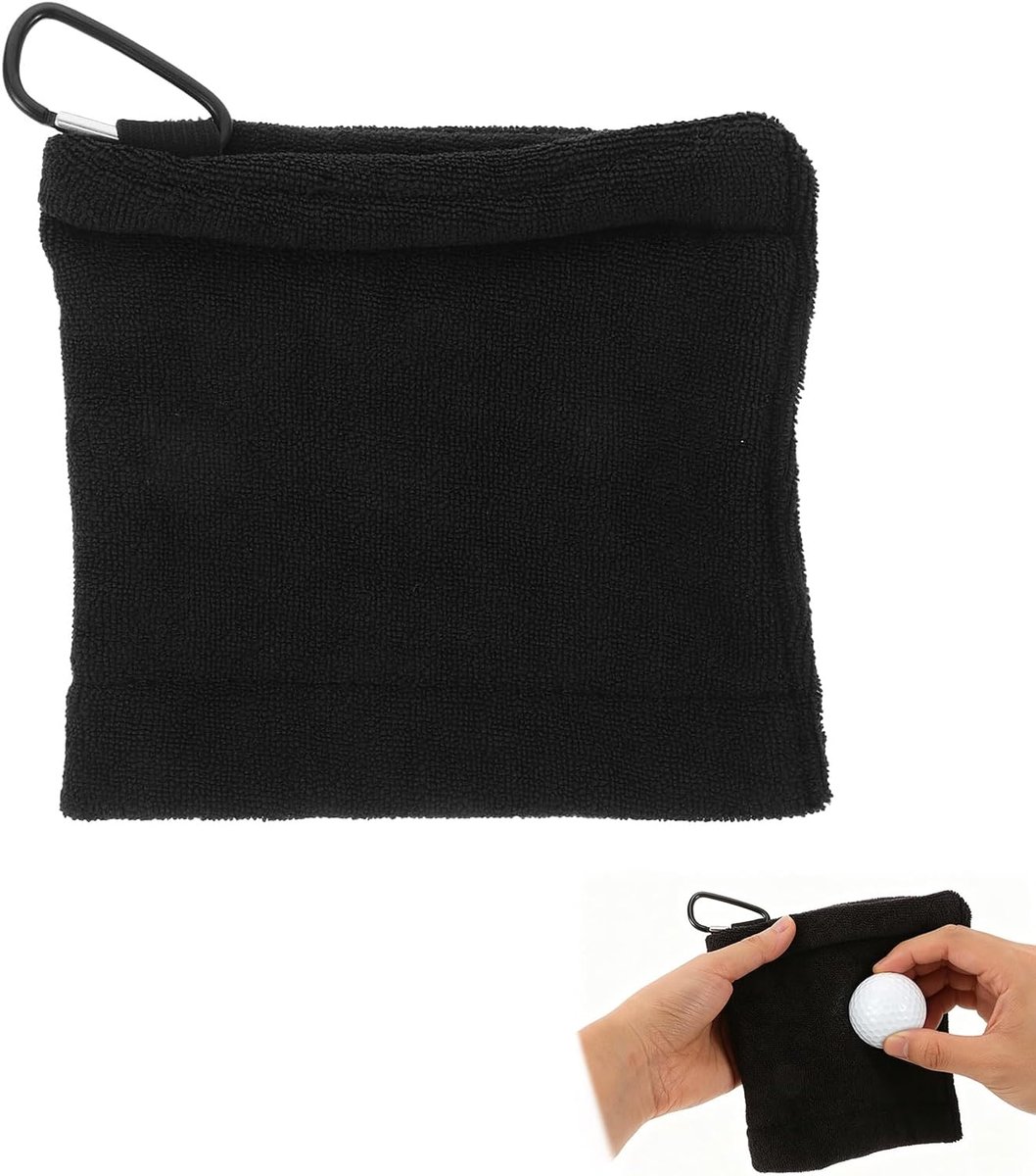 Golfhanddoek met clip, snelle droging, super absorberend, 10x10 cm, ideaal voor golf, fitness, yoga, camping en outdoor activiteiten, draagbaar en multifunctioneel, zwart
