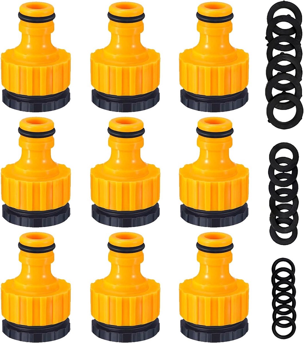 9 Stuks Tuinslangkraanconnector - BSP schroefdraadkraanconnector fitting voor 3/4" & 1/2" 2-in-1 schroefdraadkraanadapter (wordt geleverd met 18 stuks vervangende afdichtingsringen)