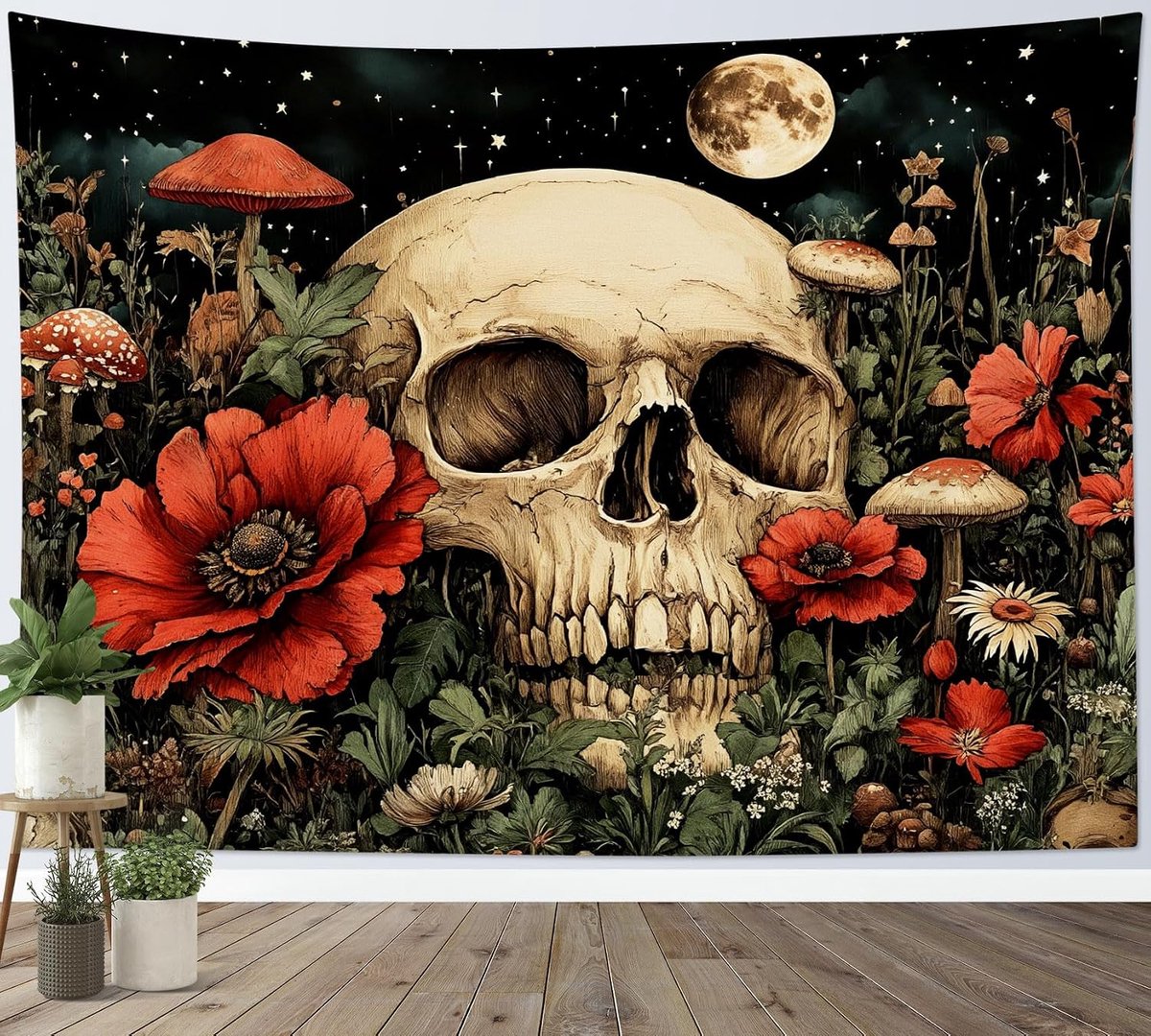 Wandtapijt Gotische Schedel Rode Bloem Vintage Paddestoel Groene Planten Maan Ster Zwart-witte Lucht Tapijten Woondecoratie voor Woonkamer Slaapkamer Room Decor,150x100cm
