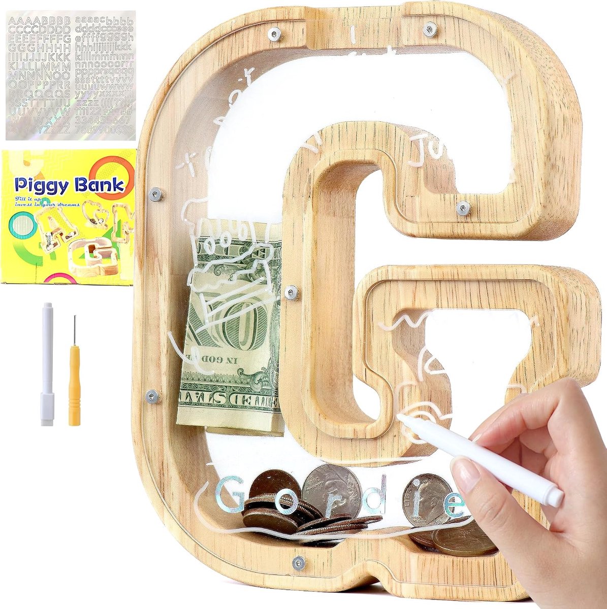 Spaarpot kinderen letters van hout voor A-Z gepersonaliseerd spaarvarken doorzichtig alfabet spaarpot, cadeaudecoratie, doop voor jongens meisjes (G)