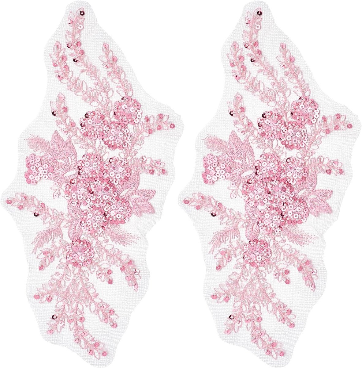 2 stuks 3D-bloemenapplicaties met pailletten, geborduurde tule patches met bloemen en kralen, 6,3 x 33,8 cm, patches met roze kanten kralen voor het maken