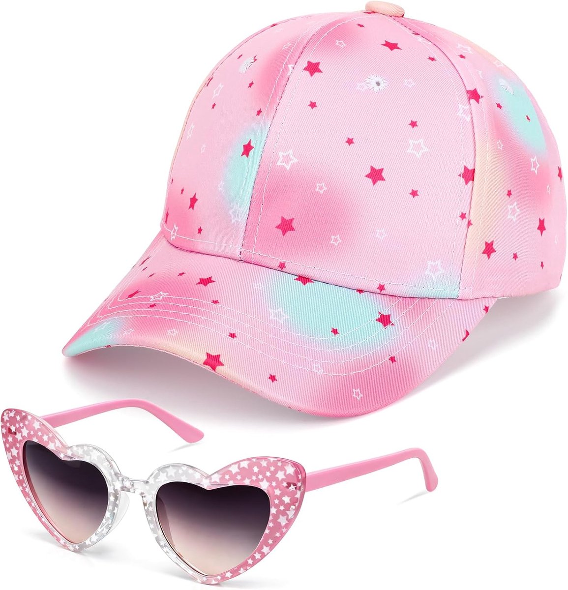 Zonnebril voor meisjes met honkbalpet voor kinderen, tie-dye truckerpet verstelbare honkbalhoed, roze hartzonnebril, uv-bescherming, fantasie, sterrenhemel, zonnevizierhoed voor meisjes van 3