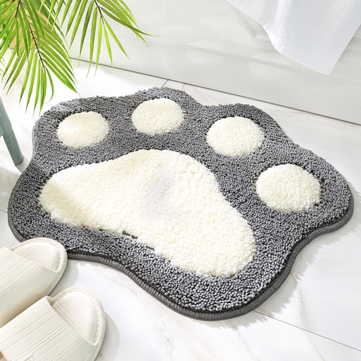 SnelShoppen - Antislip Badmat voor Badkamer - 45x60cm Kattenpootvorm - Superabsorberend, Extra Zacht, Wasmachinebestendig, Grijs
