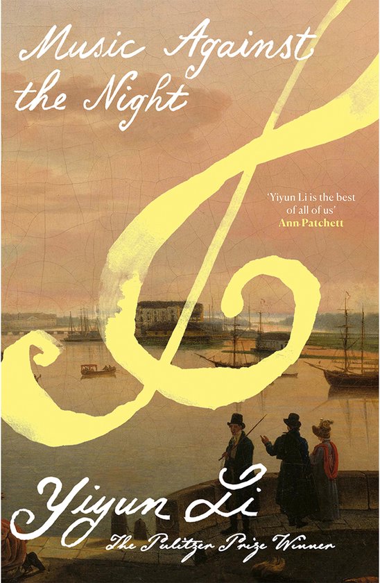 Boekhoes met 'Music Against the Night' in sierlijk schrift en een grote gele G-sleutel. Een schilderachtig havenlandschap met schepen en drie figuren op de voorgrond.