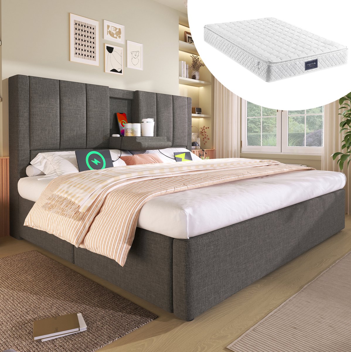 WUVRIE Gestoffeerd opbergbed 140x200 cm met matras, USB-laadstation en bekerhouders, grijs