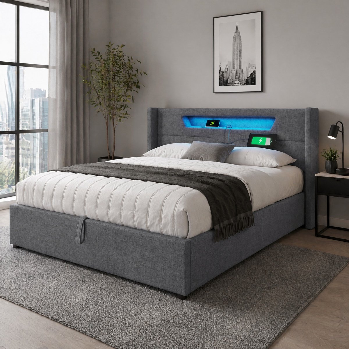 WUVRIE Opbergbed 140x200 cm met LED, USB en USB-C, lattenbodem en stoffen bekleding, grijs