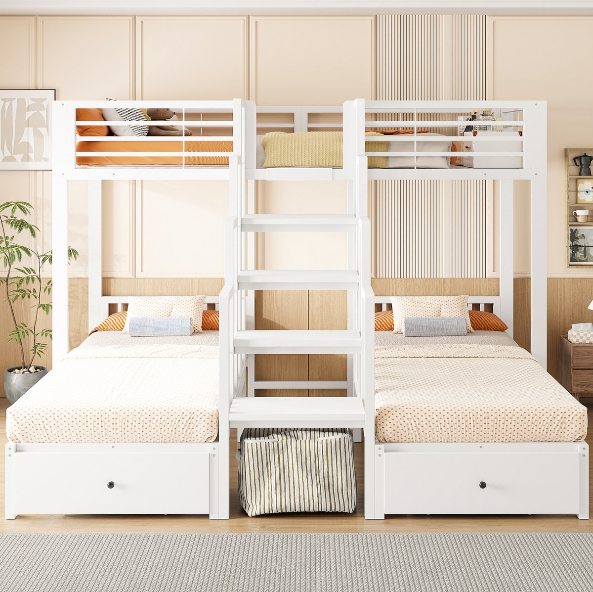 MODENUIT Stapelbed – 3 Slaapplaatsen 90 x 200 cm – Metaal en Hout – Wit – Centrale Trap – 2 Lades – Veiligheidshek