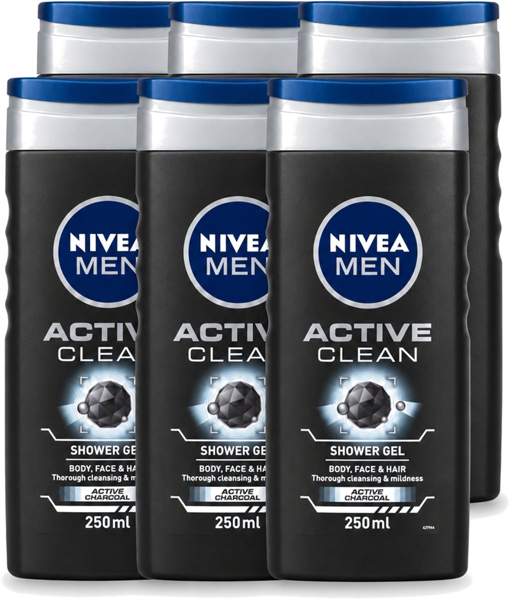 6 x Nivea Men – Douchegel – Active Clean – 250 ml - Voordeelverpakking - 6 stuks