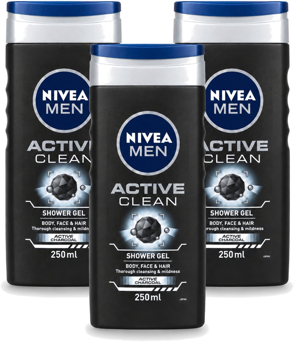 3 x Nivea Men – Douchegel – Active Clean – 250 ml - Voordeelverpakking - 3 stuks