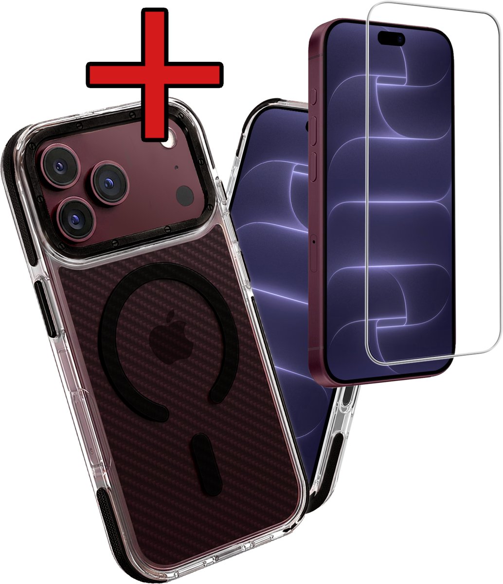 Hoesje - Met Screenprotector - Geschikt voor Apple iPhone 18 Pro Max - Magsafe Compatible - Carbon Look - Sterk & Shockproof - Shock Proof Case - Back Cover - Telefoon Hoes - Telefoonhoes - Zwart