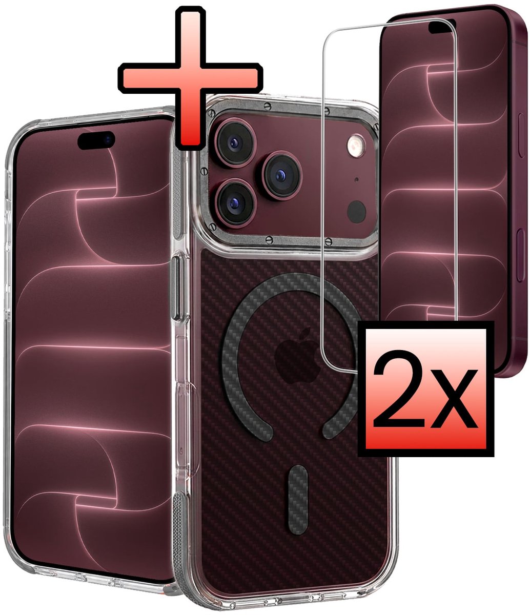 Hoesje - Met 2x Screenprotector - Geschikt voor Apple iPhone 18 Pro Max - Magsafe Compatible - Carbon Look - Sterk & Shockproof - Back Cover - Shock Proof Case - Telefoon Hoes - Grijs