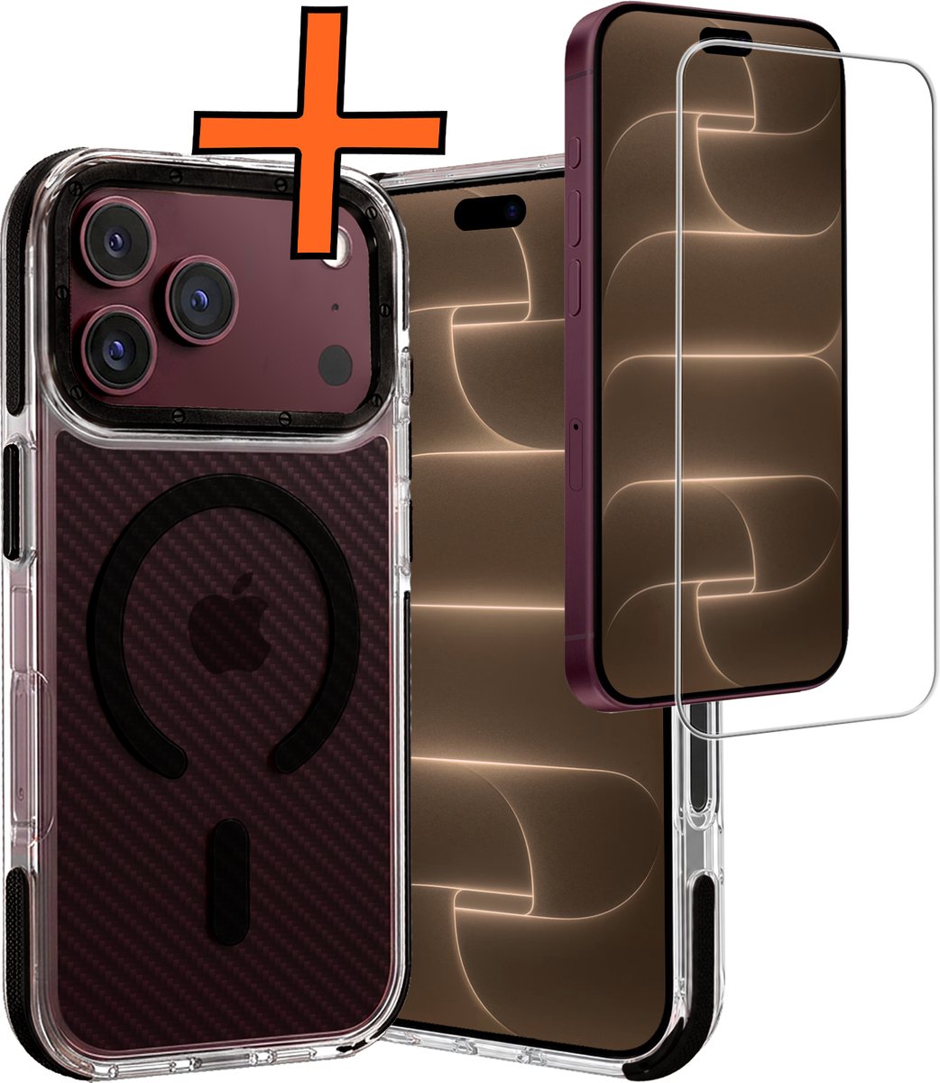 Hoes - Met Screenprotector - Geschikt voor Apple iPhone 18 Pro - Magsafe Compatible - Carbon Look - Sterk & Shockproof - Back Cover - Shock Proof Case - Telefoon Hoes - Zwart