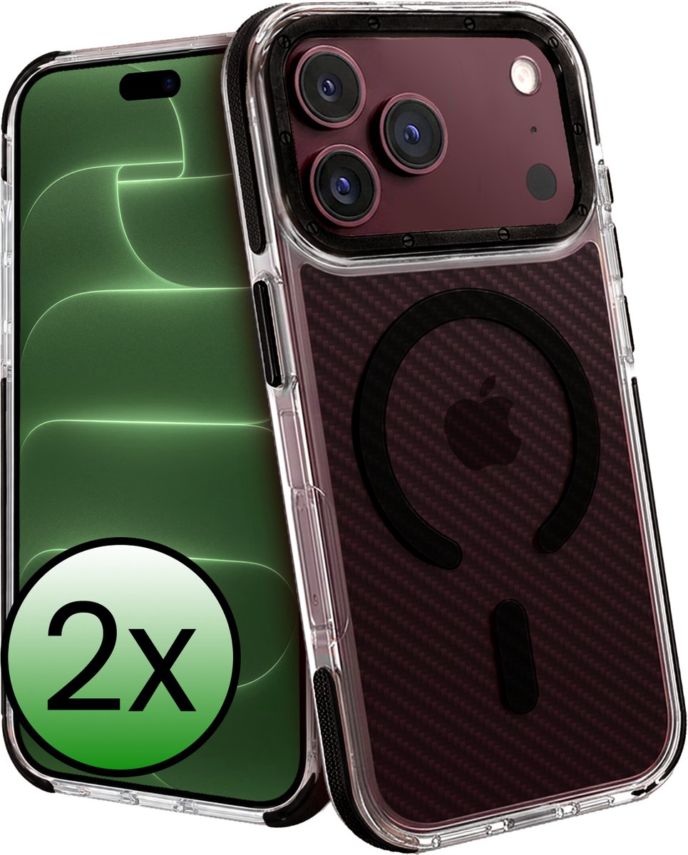 Hoesje 2 Stuks - Geschikt voor Apple iPhone 18 Pro - Magsafe Compatible - Carbon Look - Sterk & Shockproof - Back Cover - Shock Proof Case - Telefoon Hoes - Zwart