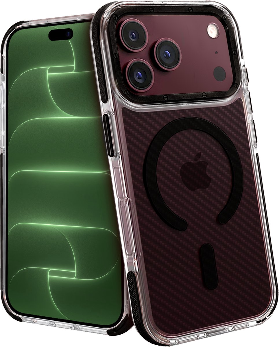Hoesje Geschikt voor Apple iPhone 18 Pro - Magsafe Compatible - Carbon Look - Sterk & Shockproof - Back Cover - Shock Proof Case - Telefoon Hoes Shockproof - Zwart
