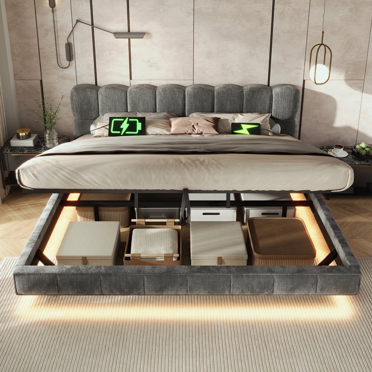 DESMIU Gestoffeerd Bed 160x200 cm – Tweepersoonsbed Met Ledverlichting, Usb En Type C – Hydraulische Opbergruimte – Chenille – Grijs – Zonder Matras