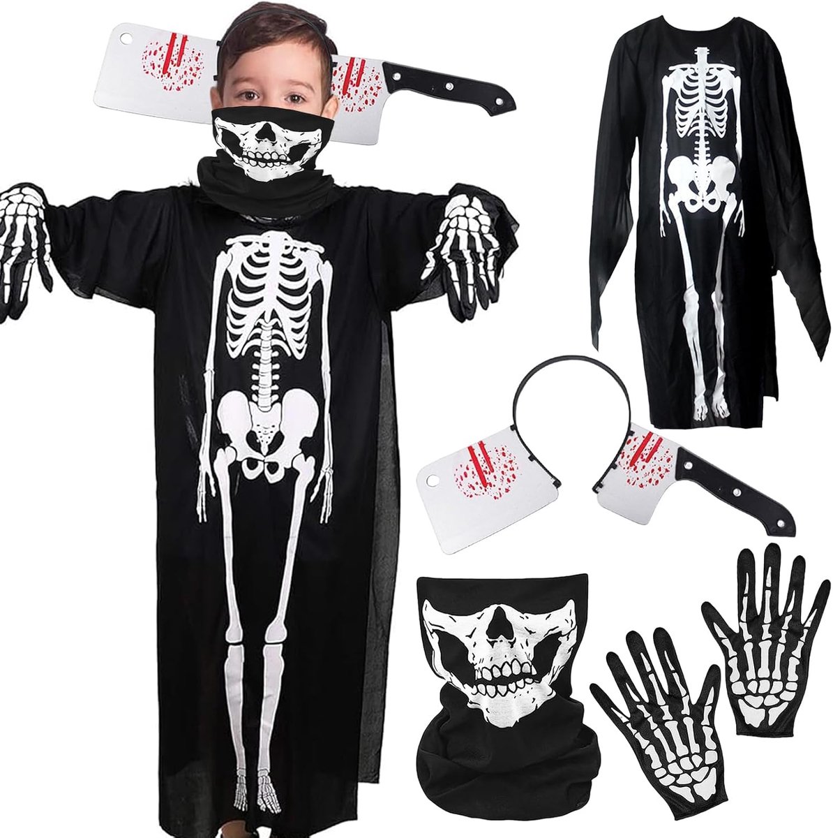 4-delig skeletHalloween-kostuumset, spookkostuum, griezelig zombiekostuum voor kinderen, skelet, voor kinderen, volwassenen, Halloween, carnaval, kostuumfeest, cosplay, maskerade
