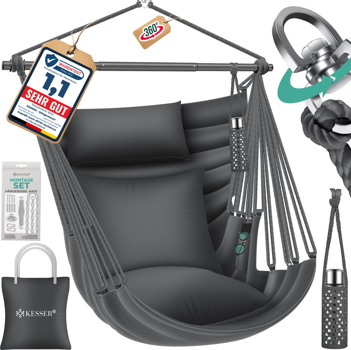 KESSER® Hangstoel Haiti - hangschommel 360° draaibaar - 150 kg - incl. 2 kussens - antraciet