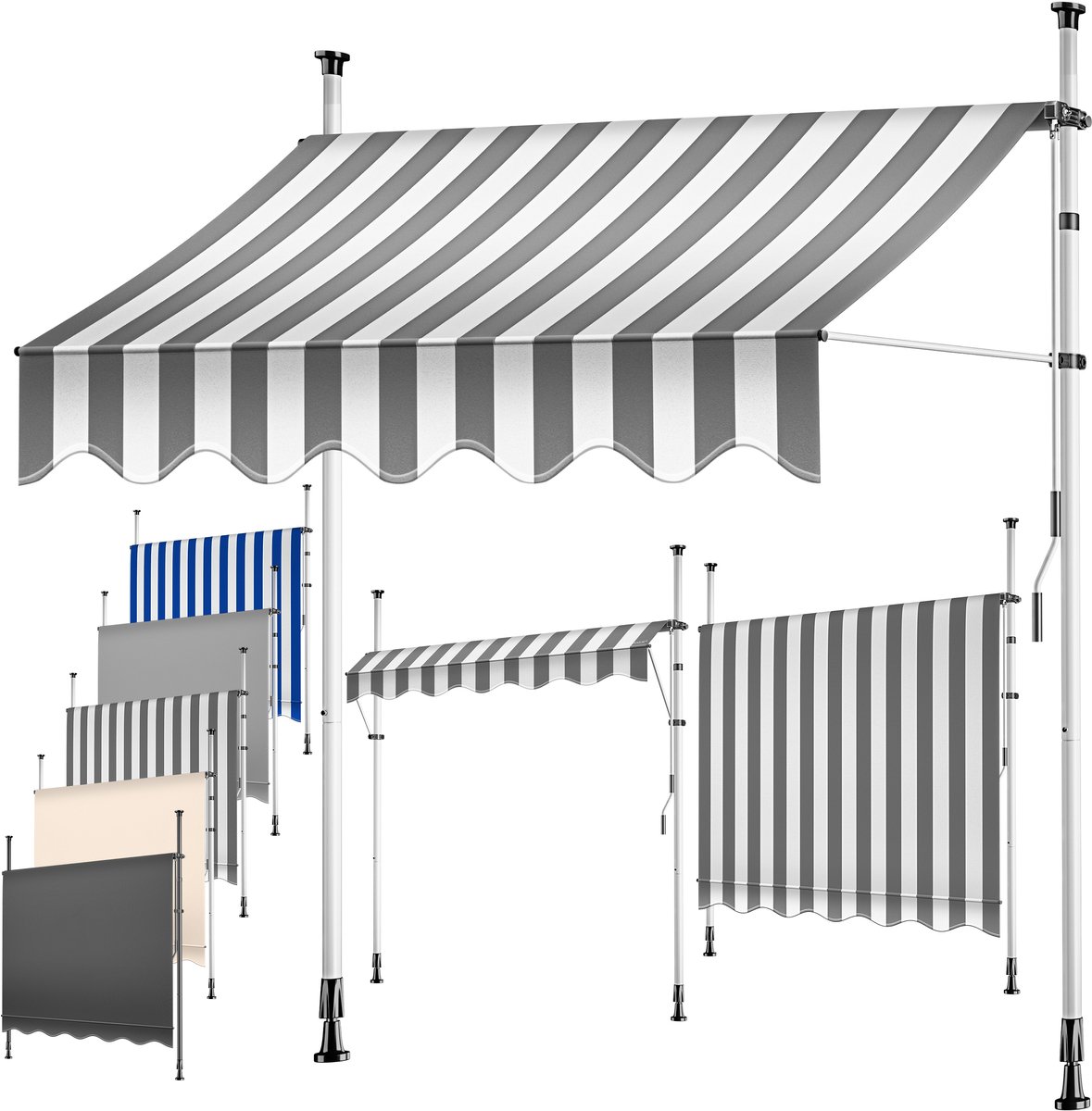 KESSER® Klemluifel met handslinger - Balkonluifel zonder boren - UV-bestendig - Wit/Grijs 350 cm