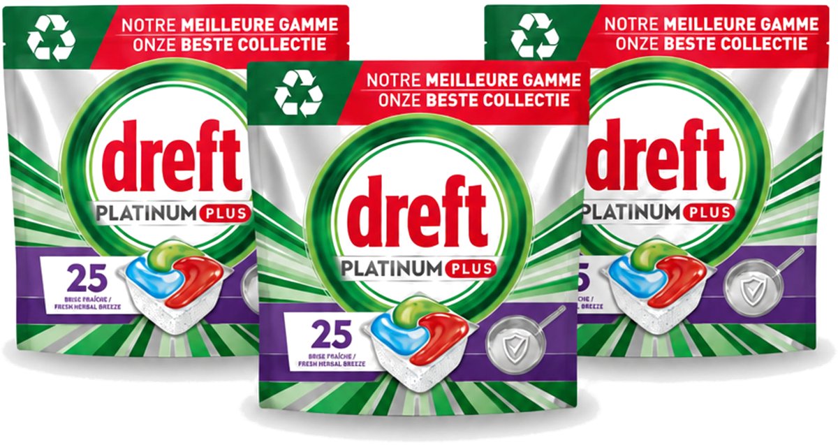 3 x Dreft Platinum Plus - Vaatwascapsules - Deep Clean Boosted - Fresh Herbal Breeze - 25 Afwasbeurten - Voordeelverpakking - 3 stuks