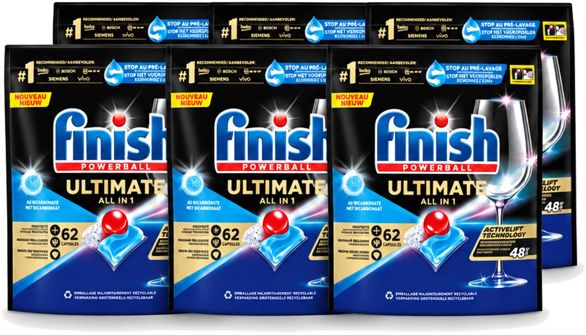 6 x Finish Powerball - Ultimate All in One - Vaatwastabletten - Met Bicarbonaat - 62 Capsules - Voordeelverpakking - 6 stuks