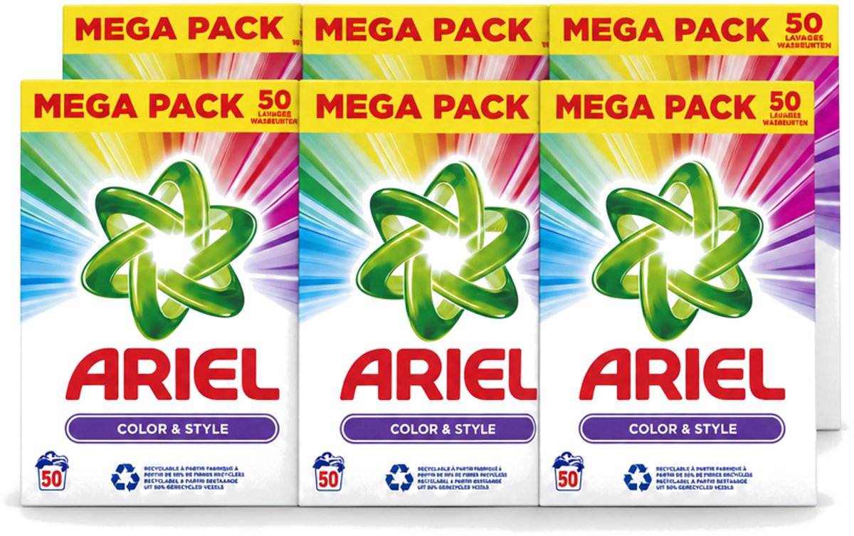 6 x Ariel Color & Style - Waspoeder - Gekleurde Was - 50 Wasbeurten - Voordeelverpakking - 6 stuks