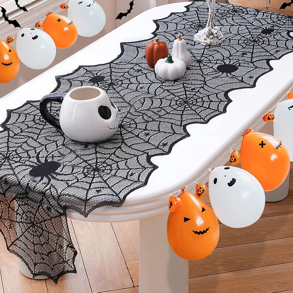 Halloween-tafelloper – Zwarte kanten tafelloper met spinnenwebmotief – 46 x 183 cm – voor Halloween-feest en tafeldecoratie