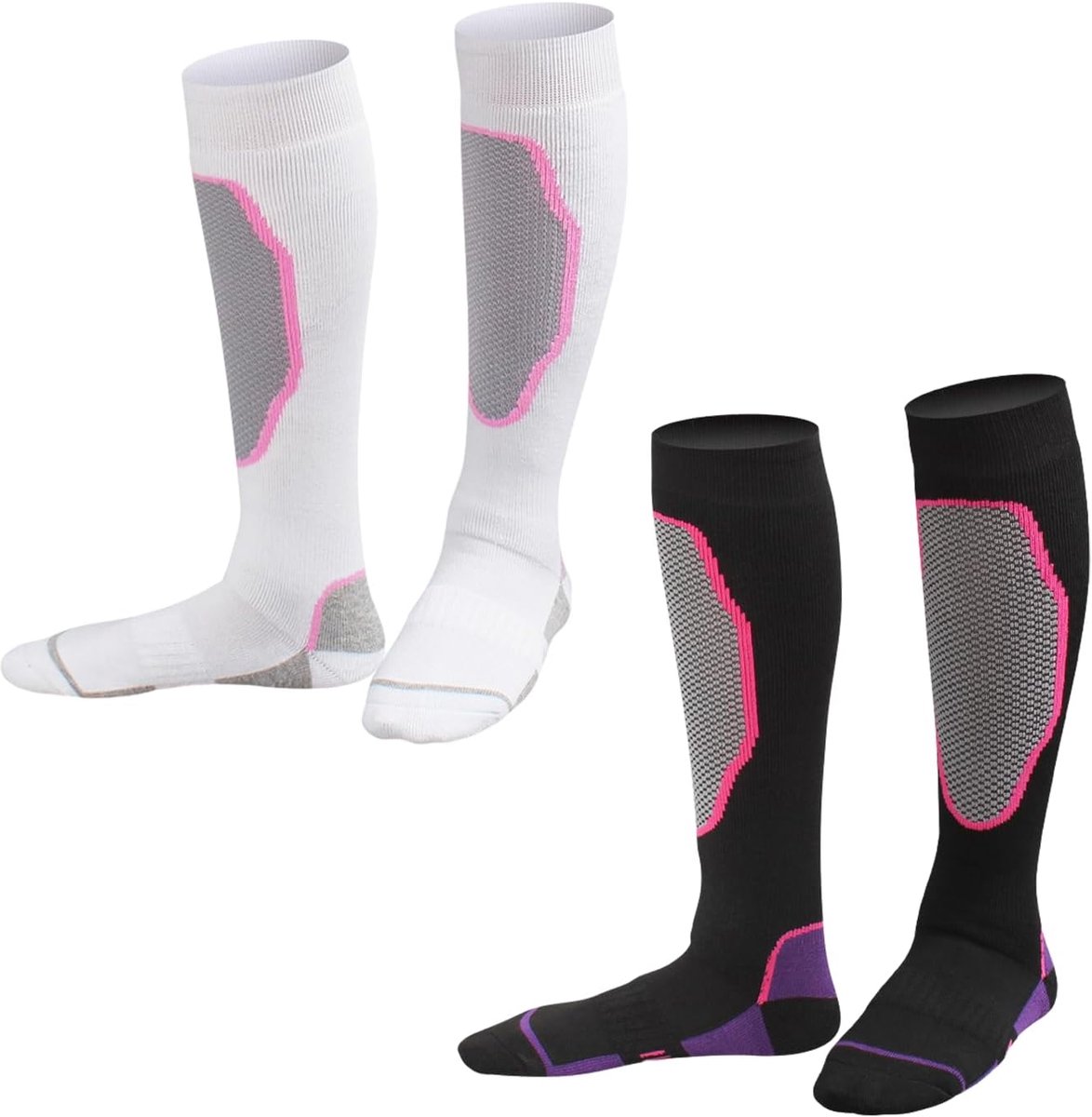 Set van 2 paar lange thermische sokken voor dames - wit, paars, zwart, 26