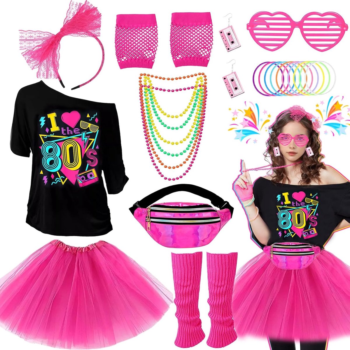 80-outfit voor dames, 22-delig, jaren 80-90-kostuum, accessoireset met T-shirt, tutu, riemtas, handschoenen, manchetten, hoofdband, bril, oorbellen, halsketting, armband voor Halloween, carnaval