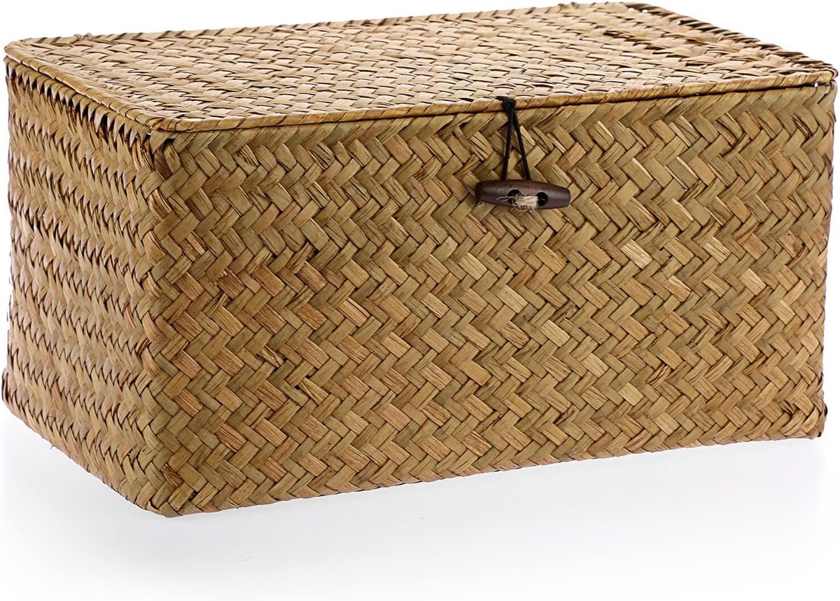 Opbergmand van rieten mand met deksel, mand voor plank, opbergdoos, tafelorganizer (karamel, 31 x 18 x 15 cm)