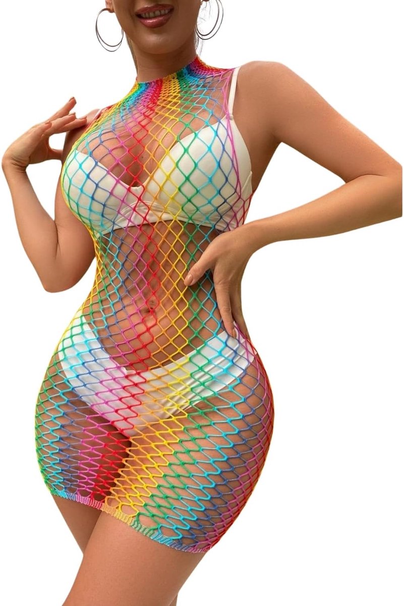 Outfit dames netdessous-sets bodystocking doorzichtig visnet kleurrijke mesh jurk nettop bikini cover up kostuum voor carnaval clubwear rave