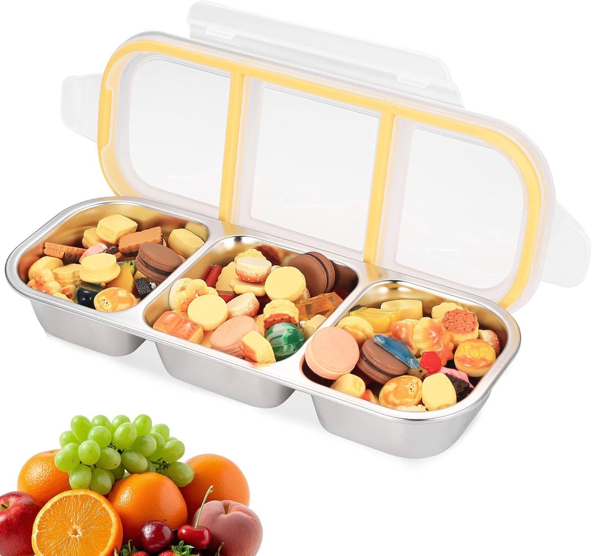 Snackbox met vakken, roestvrij staal, broodtrommel met vakken, broodtrommels met 3 scheidingsvakken, maaltijdprep dozen, bento boxen, lunchbox, lekvrij, snackdoos met deksel, voor werk, camping