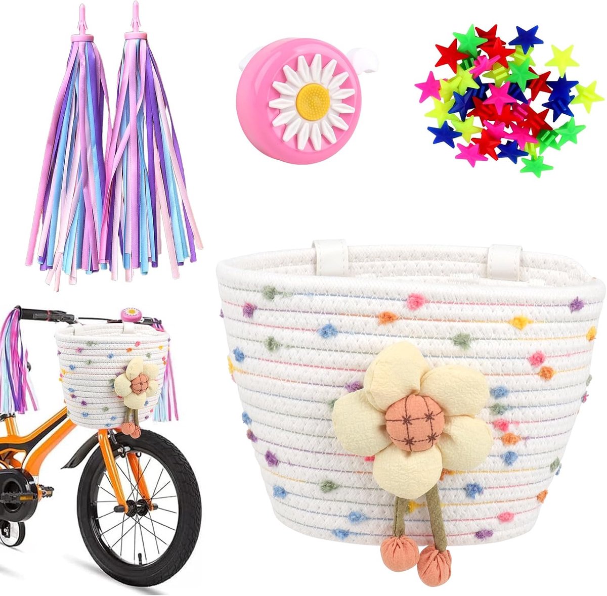 Fietsmand Voor Kinderen Met 2 Leren Riemen, Rolmand Voor Kinderen Met Fietsbel, Spaakclip Sterren, Gevlochten Fietsmand Voor Meisjes En Kinderen