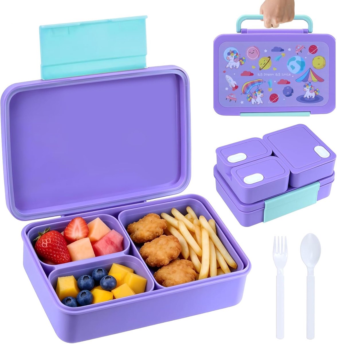 Broodtrommel met vakken, 1200 ml, lunchbox voor kinderen, lekvrije bentobox (paars)