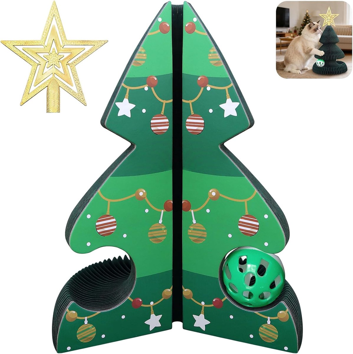 Orgel Kerstboomvormig Krabplank voor Katten, Opvouwbaar Kartonnen Kattenspeelgoed met Bal, Interactief Krabmeubel van Golfkarton, Stevig Honingraatontwerp, Groen