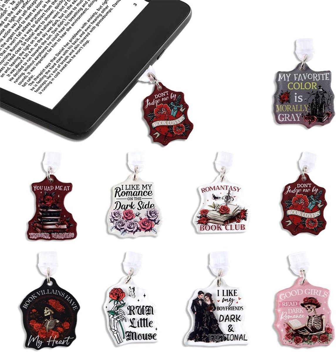 9 stuks stofdoppen voor Kindle, type C/USB-C, accessoires voor e-reader met romantische bedels, Kindle-accessoires, feestcadeau en stel voor boekenliefhebbers