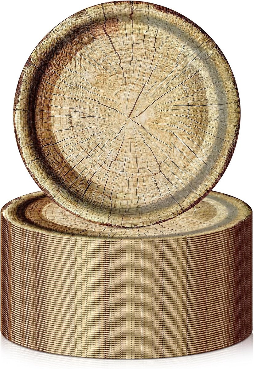 50 stuks feestborden: papieren borden, rustieke feestdecoraties, rond, diameter 23 cm, ronde kartonnen borden, dessertborden, campingaccessoires, houten schijfborden voor rustieke