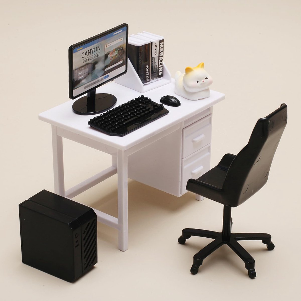 Computer Bureauset, 9-delige bureauset, mini toetsenbord muis boekenplank boeken stoel bureau, mini meubels speelkamer kantoor accessoires