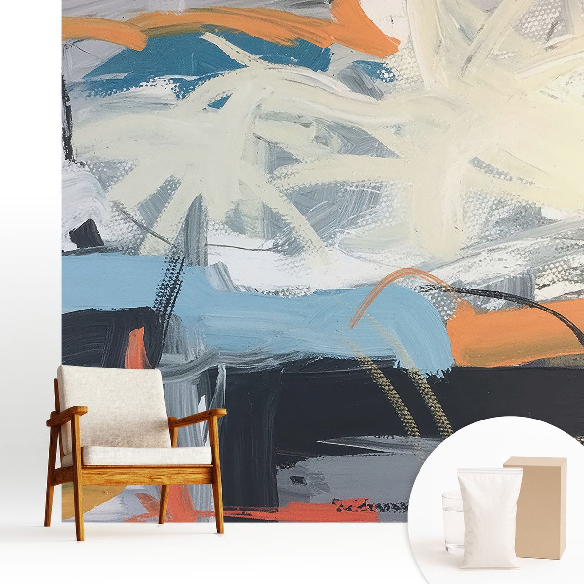 Wallfluent Fotobehang - Wit Vliesbehang - 250x250 cm - Kleurrijke Abstractie Fotobehang Vlies - Woonkamer behang Abstractie - Muurschildering - Woonkamer behang