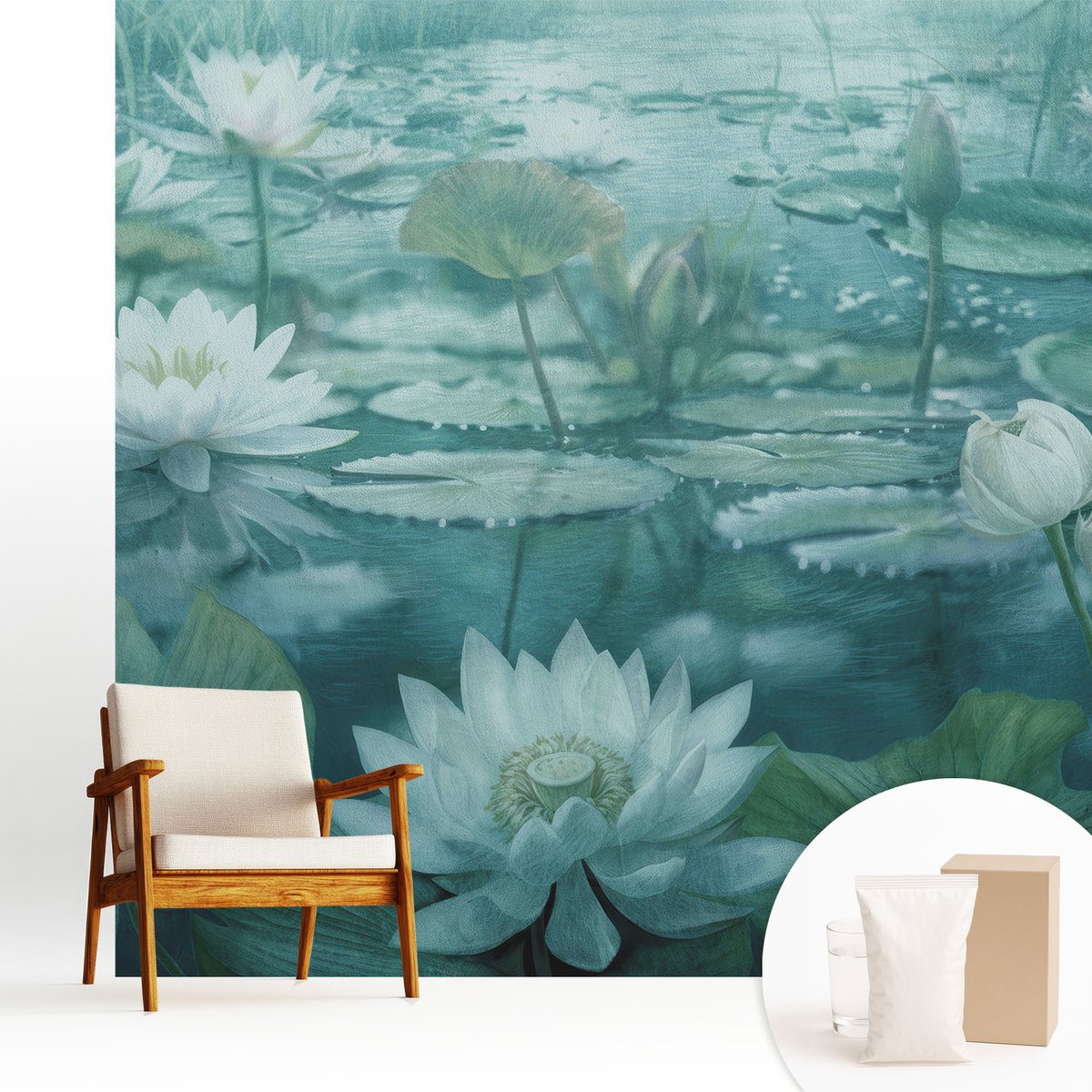 Wallfluent Fotobehang - Zwart-Wit Vliesbehang - 250x250 cm - Waterbloemen Fotobehang Vlies - Woonkamer behang Bloemen En Planten - Muurschildering - Woonkamer behang
