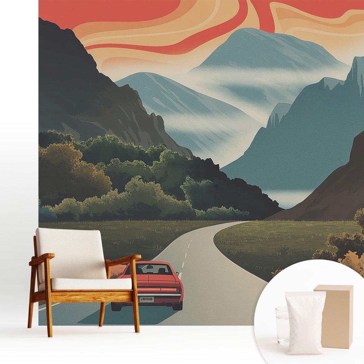 Wallfluent Fotobehang - Oranje Vliesbehang - 250x250 cm - Bergavontuur Muurschildering - Gang behang Landschappen - Fotobehang Vlies - Gang behang