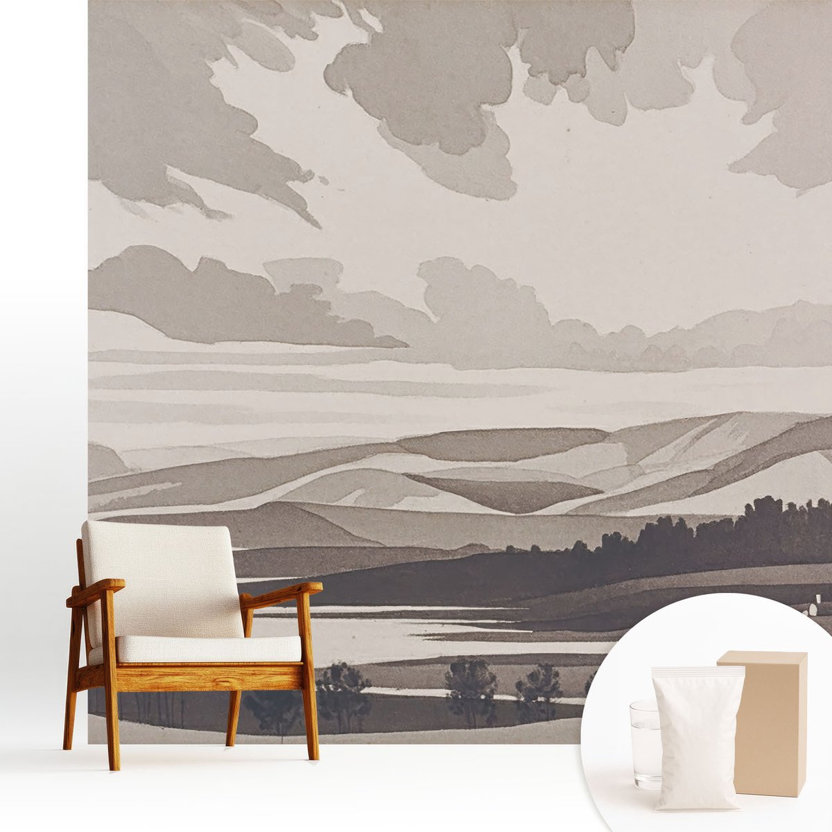 Wallfluent Fotobehang - Grijs Vliesbehang - 250x250 cm - Een Vredig Landschap Fotobehang Vlies - Hal behang Landschappen - Muurschildering - Woonkamer behang