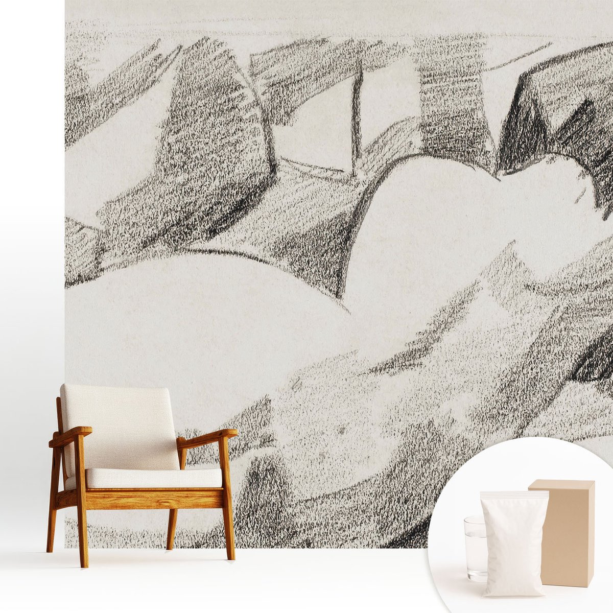 Wallfluent Fotobehang - Zwart-Wit Vliesbehang - 250x250 cm - Een Liggende Figuur Fotobehang Vlies - Hal behang Deel - Muurschildering - Hal behang