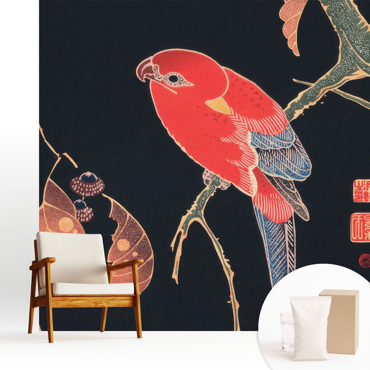 Wallfluent Fotobehang - Zwart Vliesbehang - 250x250 cm - Exotische Vogel Muurschildering - Slaapkamer behang Dieren - Fotobehang Vlies - Gang behang