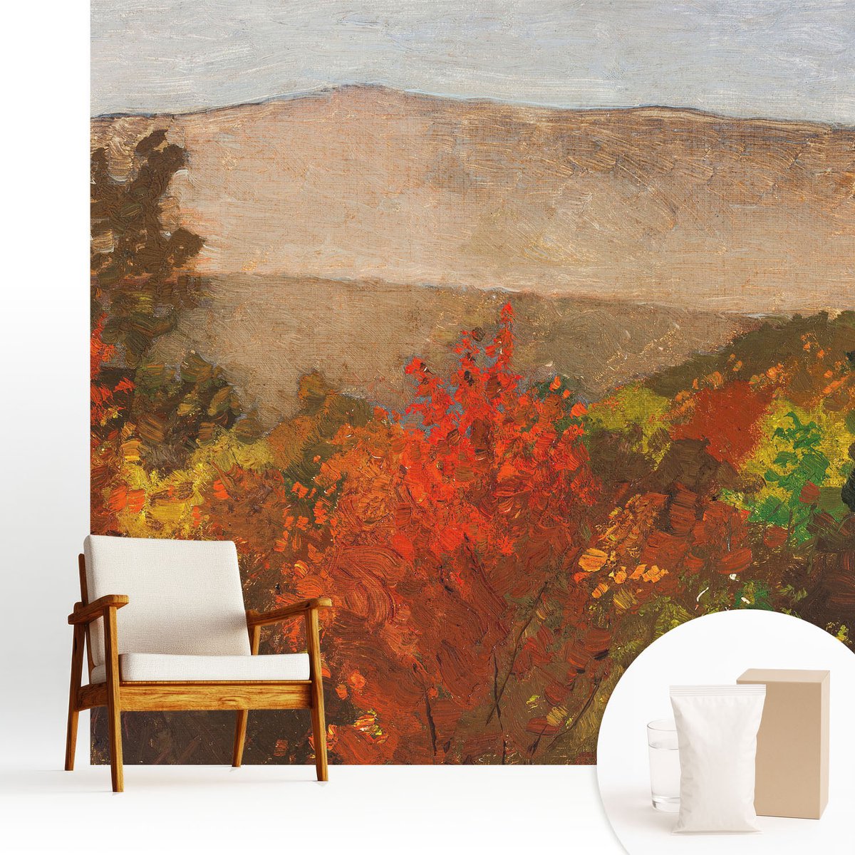 Wallfluent Fotobehang - Rood Vliesbehang - 250x250 cm - Herfstpanorama Muurschildering - Gang behang Landschappen - Fotobehang Vlies - Gang behang