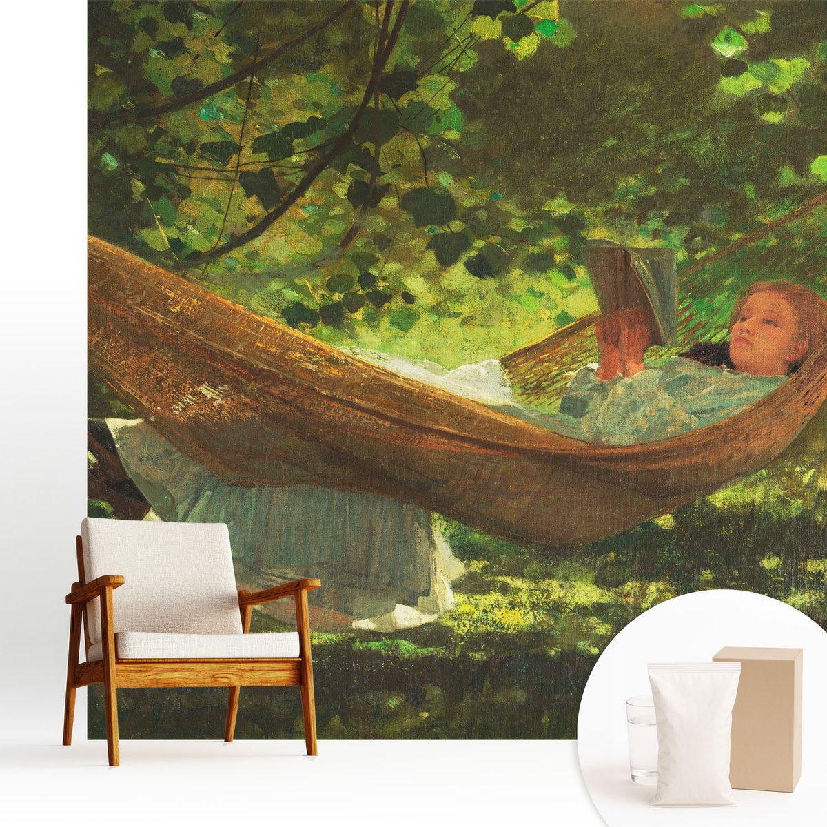 Wallfluent Fotobehang - Groente Vliesbehang - 250x250 cm - Ontspannen In Een Hangmat Muurschildering - Slaapkamer behang Bloemen En Planten - Fotobehang Vlies - Slaapkamer behang