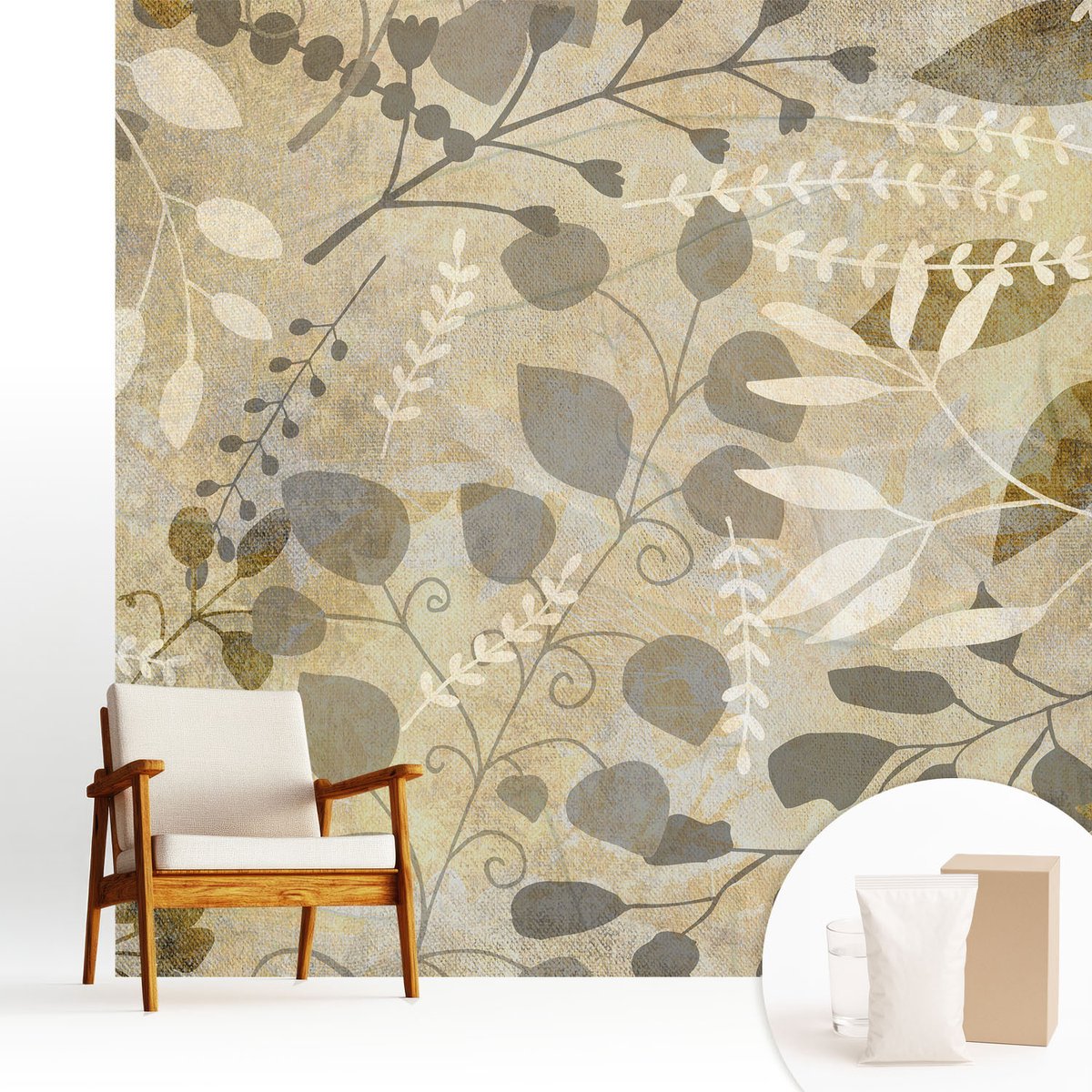 Wallfluent Fotobehang - Beige Vliesbehang - 250x250 cm - Takbladeren Fotobehang Vlies - Woonkamer behang Bloemen En Planten - Muurschildering - Woonkamer behang