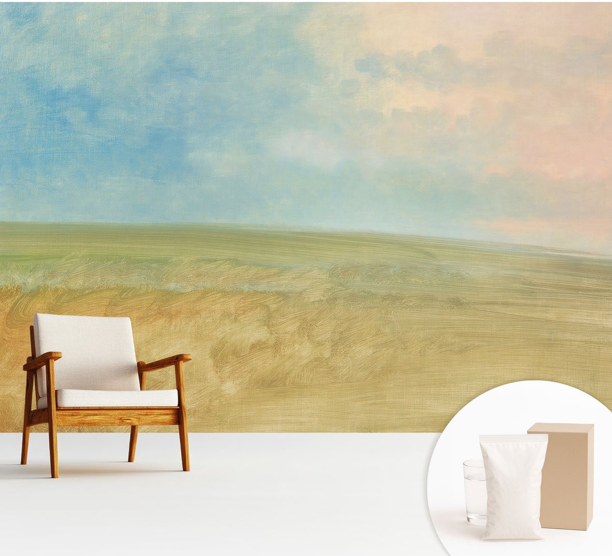 Wallfluent Fotobehang - Blauw Vliesbehang - 312x219 cm - Pastelkleurige Velden Fotobehang Vlies - Hal behang Landschappen - Muurschildering - Woonkamer behang