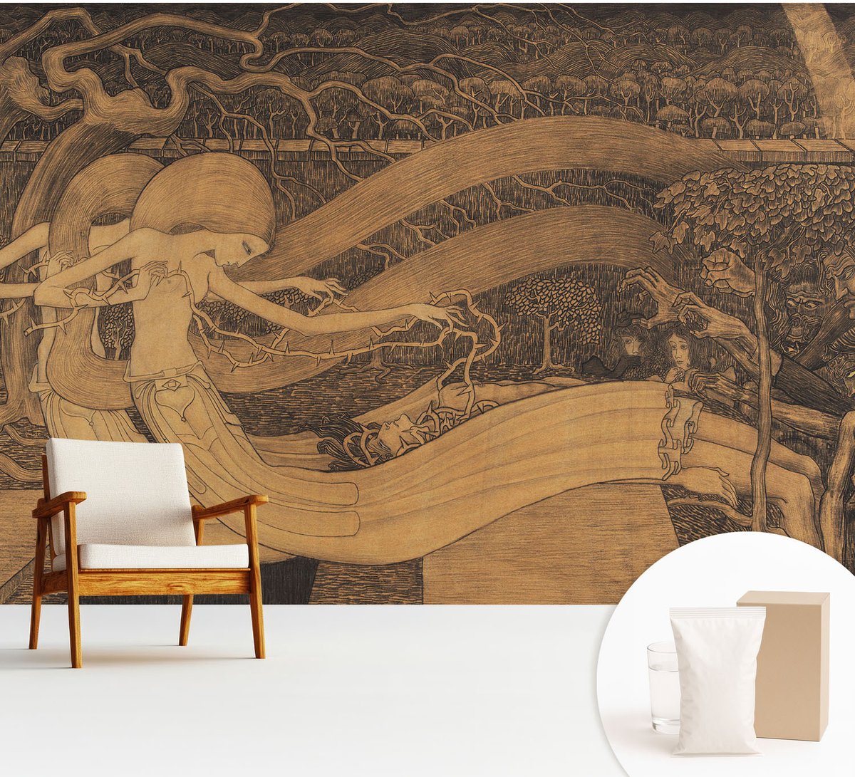 Wallfluent Fotobehang - Bruin Vliesbehang - 312x219 cm - Surrealistische Personages Muurschildering - Gang behang Deel - Fotobehang Vlies - Gang behang