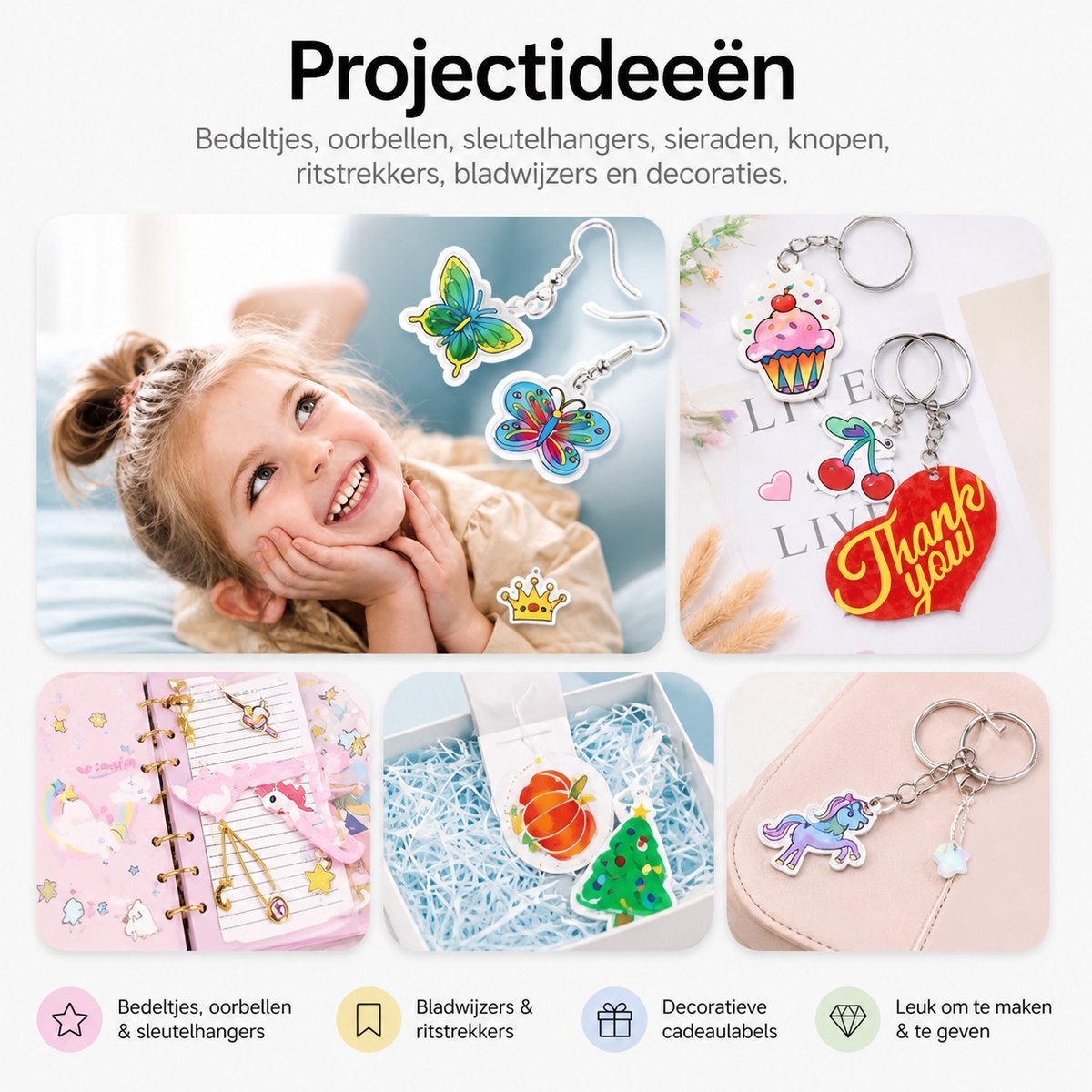 BOTC Krimpfolie set - 164-Delig Krimpie Dinkie Pakket - Krimpfolie Knutselpakketten - Krimpfolie vellen - Knutselen Krimpie Dimpie – Sieraden en sleutelhangers maken — cadeau in Hobby - foto 8